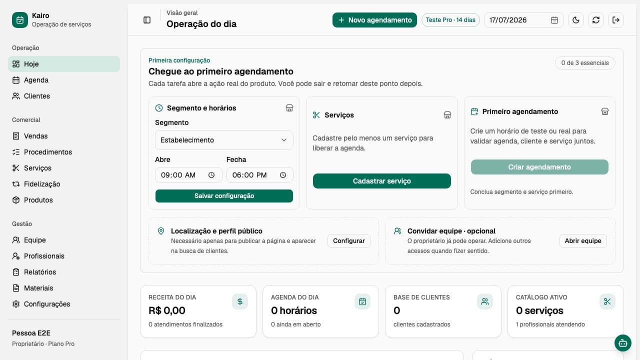 Painel real do Kairo mostrando checklist de configuração, agenda e indicadores operacionais com dados de teste
